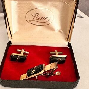 Goldtone & Black Rhinestone Cufflinks with Tie Bar Set